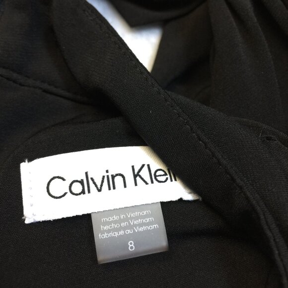 Calvin Klein Fit & Flare Dress Size 8 Black Faux Leather Mock Neck 3/4 Sleeve - Picture 9 of 14
